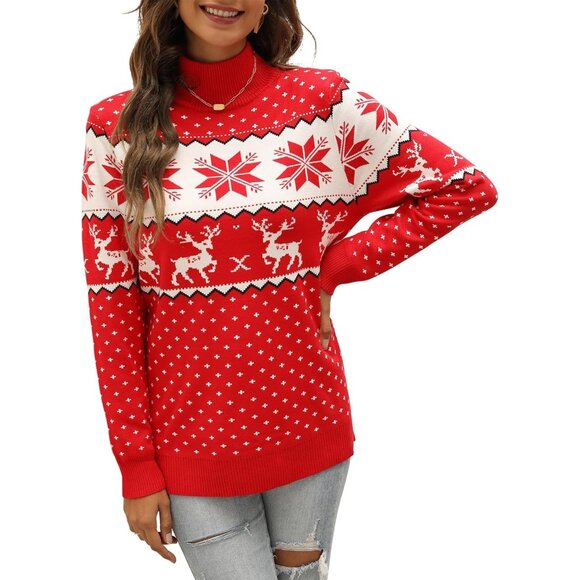 Women Ugly Christmas Red Sweater Reindeer Snowflake Knit Pullover Crew Neck - Picture 1 of 5